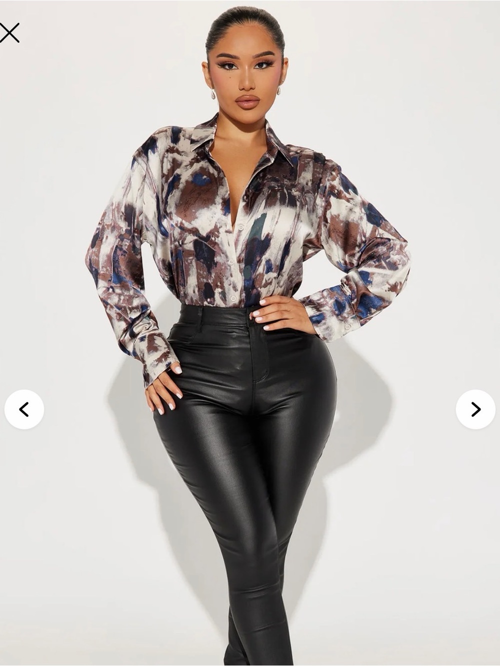 Fashion Nova Satin Abstract Button-Down in Brown, Blue and White